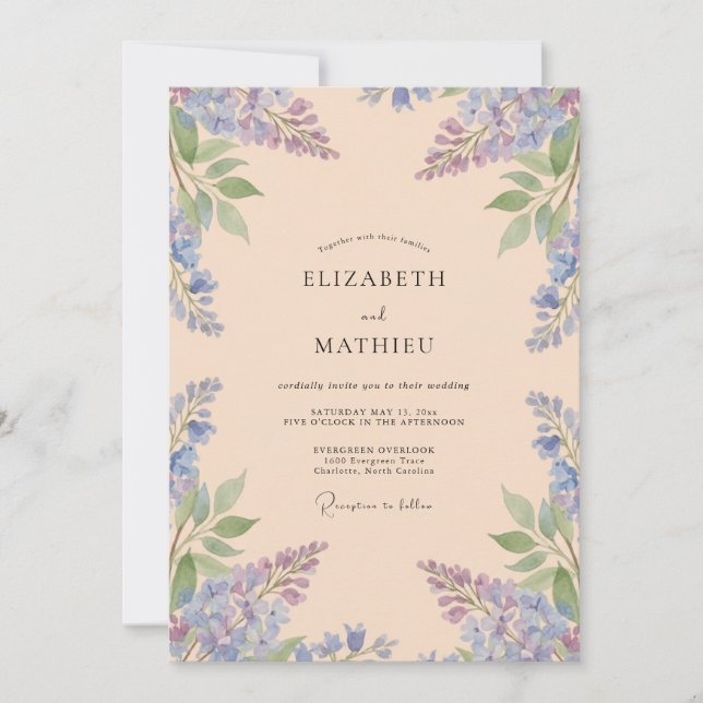 Lilac Apricot Wisteria Wedding Invitation (Front)