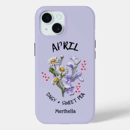 Lilac APRIL Birth Month Flower Custom Name iPhone 15 Case