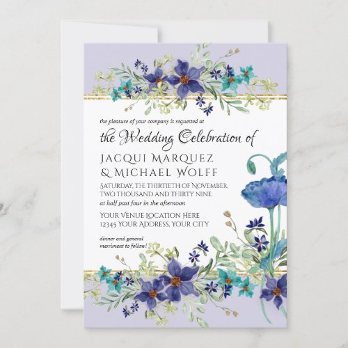 Lilac Aqua Blue Watercolor Poppy Floral Wedding Invitation