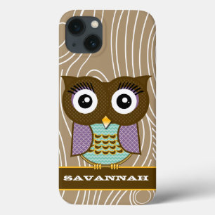 Lilac & Aqua Owl Wood Grain Zig Zag Choose Colors iPhone 13 Case