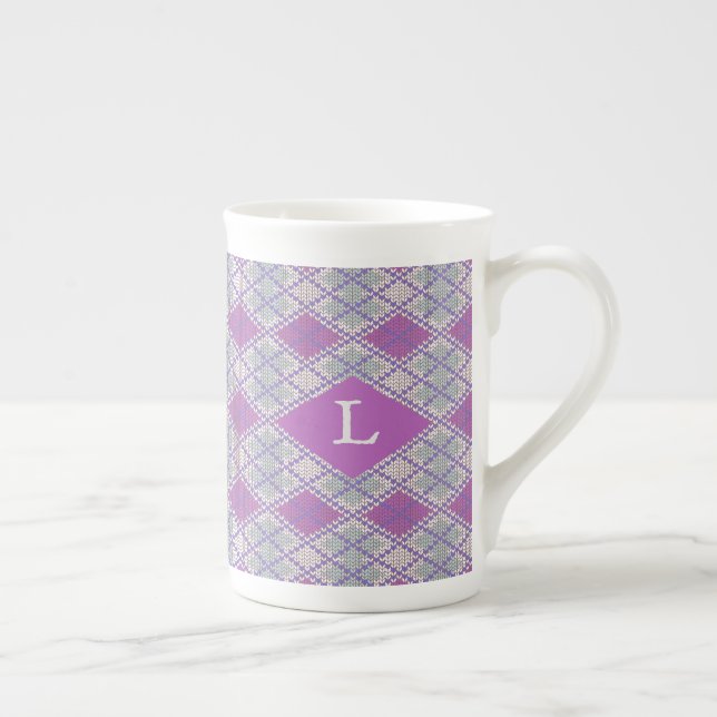 LILAC ARGYLE KNIT Bone China Mug + Initial (Right)