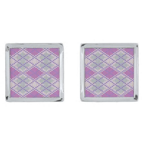 LILAC ARGYLE KNIT Silver Plated Square Cufflinks