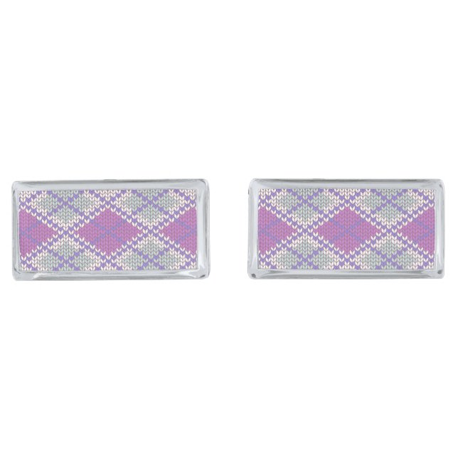 LILAC ARGYLE KNIT Silver Rectangle Cufflinks (Front)