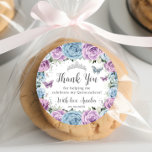 Lilac Baby Blue Floral Butterflies Quinceañera Classic Round Sticker<br><div class="desc">These coordinating round sticker labels showcase beautiful pastel baby blue and purple lilac flowers, along with charming blue and purple butterflies. Personalizing them is easy and quick—just press the Edit Using Design Tools button to adjust the style and placement of the text to your liking. The butterflies and crown can...</div>