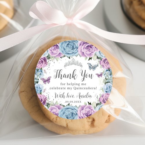 Lilac Baby Blue Floral Butterflies Quinceaera Classic Round Sticker