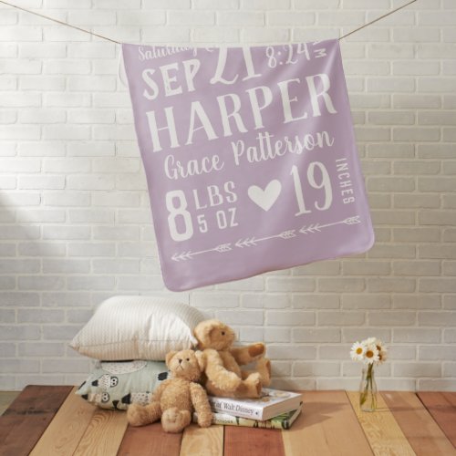 Lilac Baby Girl Birth Stats  Editable Colors Baby Blanket