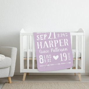 Lilac Baby Girl Birth Stats Keepsake Blanket