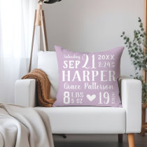 Lilac Baby Girl Birth Stats Keepsake Throw Pillow