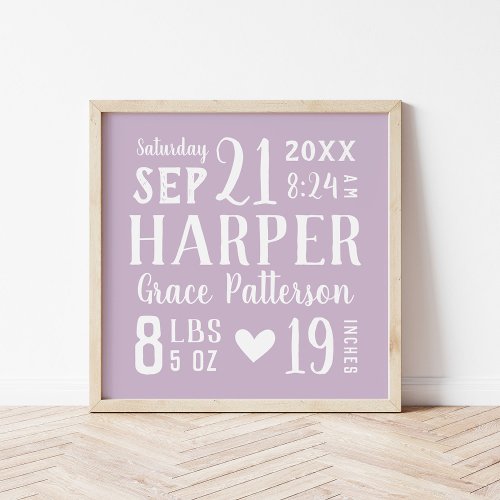Lilac Baby Name and Birth Stats  Editable Colors Poster