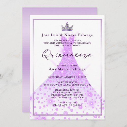 Lilac Ball Gown  Tiara Quinceaera Birthday  Invitation