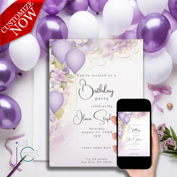 Lilac Balloons And Flowers Qr Birthday  Invitation by JustCards at Zazzle