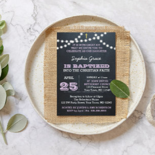 Lilac Baptism Chalkboard Lights Invitation