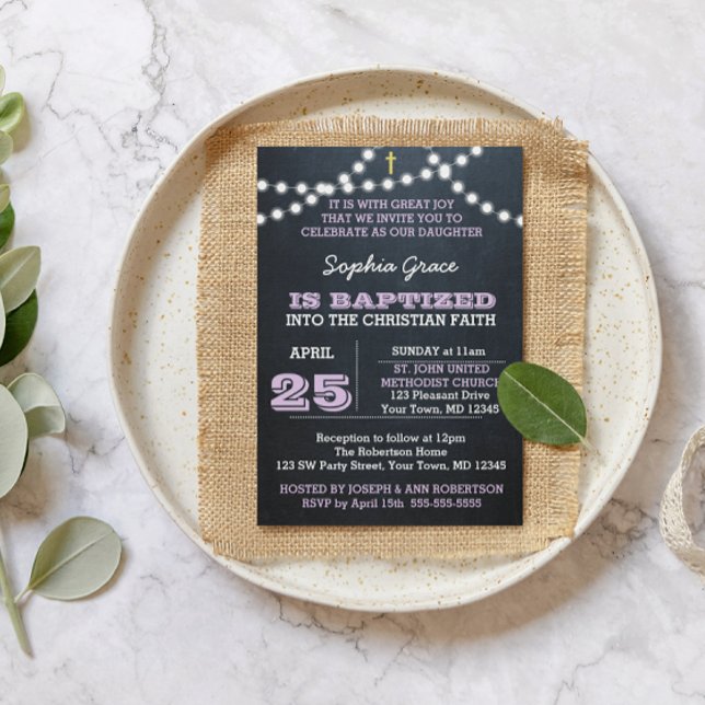 Lilac Baptism Chalkboard Lights  Invitation (Creator Uploaded)