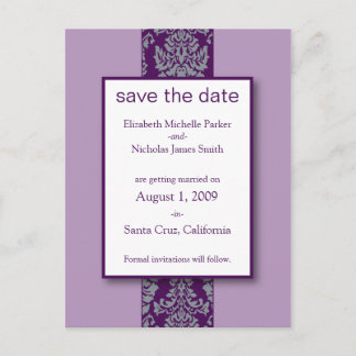 Lilac Baroque Damask Save the Date Postcard