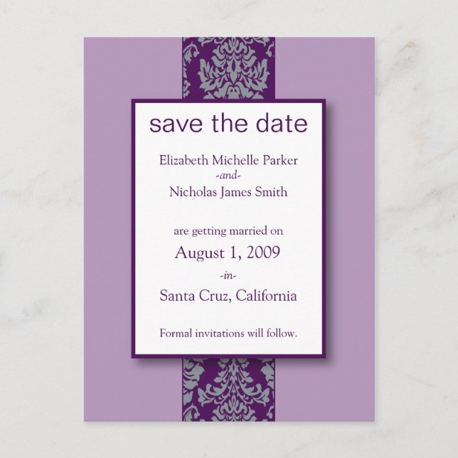 Lilac Baroque Damask Save the Date Postcard (Front)