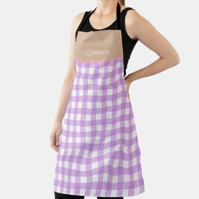 Lilac Beige Personalized Name Gingham Apron (Insitu)