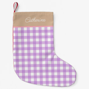 Lilac Beige Personalized Name Gingham Small Christmas Stocking