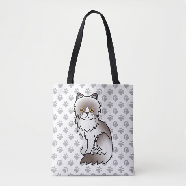 Lilac Bi-Color Persian Cartoon Cat & Paws Tote Bag (Front)