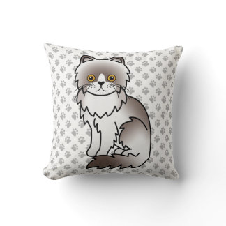 Lilac Bi-Color Persian Cute Cartoon Cat &amp; Paws Throw Pillow