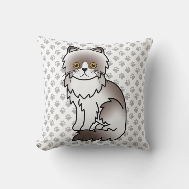 Lilac Bi-Color Persian Cute Cartoon Cat & Paws Throw Pillow (Front)