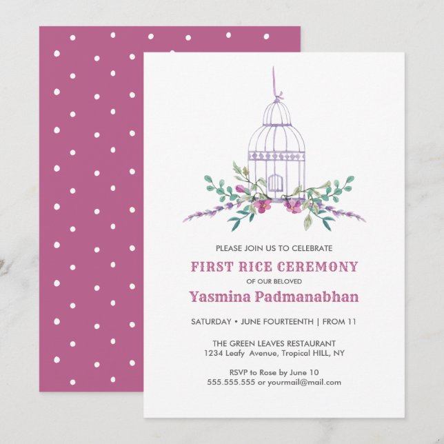 Lilac Bird Cage First Rice Annaprashan Invitation (Front/Back)