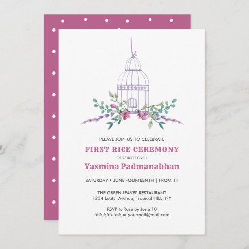 Lilac Bird Cage First Rice Annaprashan Invitation