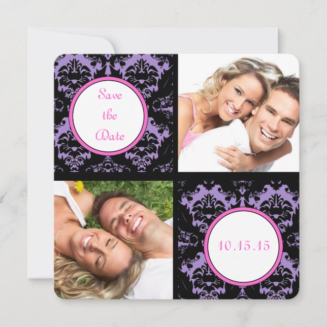 Lilac Black Damask Pink Wedding Save the Date (Front)