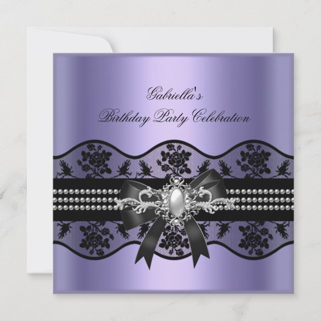 Lilac Black Lace Pearl Elegant Birthday Party Invitation (Front)