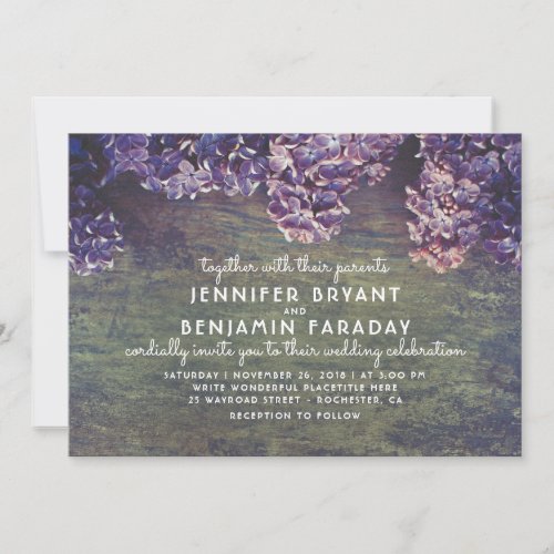 Lilac Blooming Branches Rustic Wood Wedding Invitation