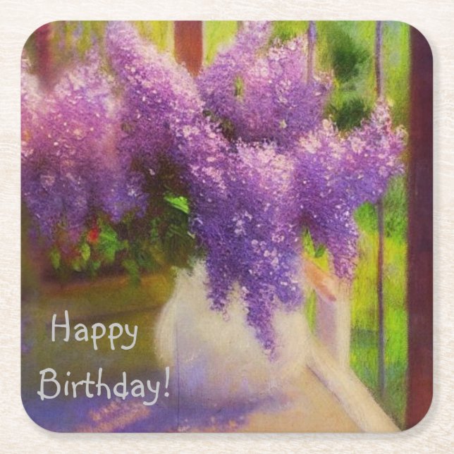 Lilac Blossoms in Vase Birthday Square Paper Coaster (Front)