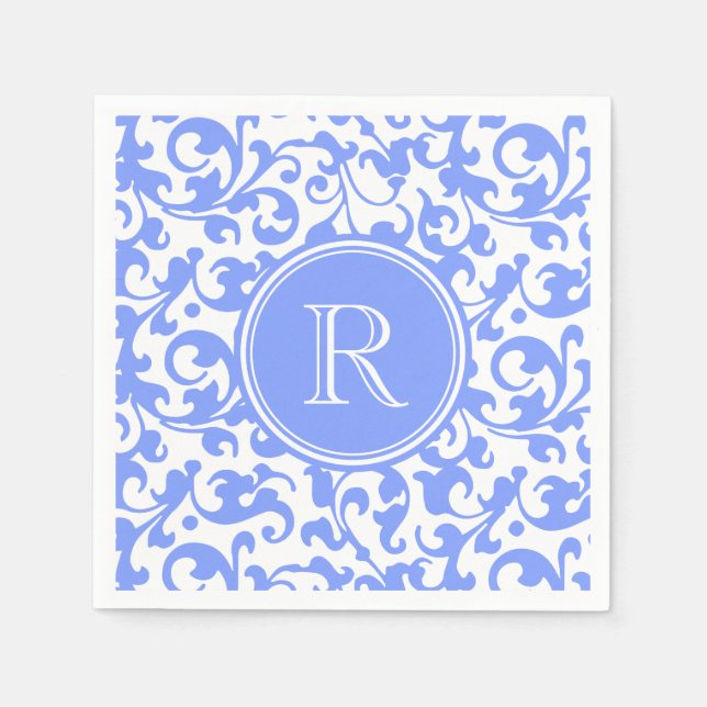 Lilac Blue Elegant Damask Swirls Monogrammed Napkins (Front)