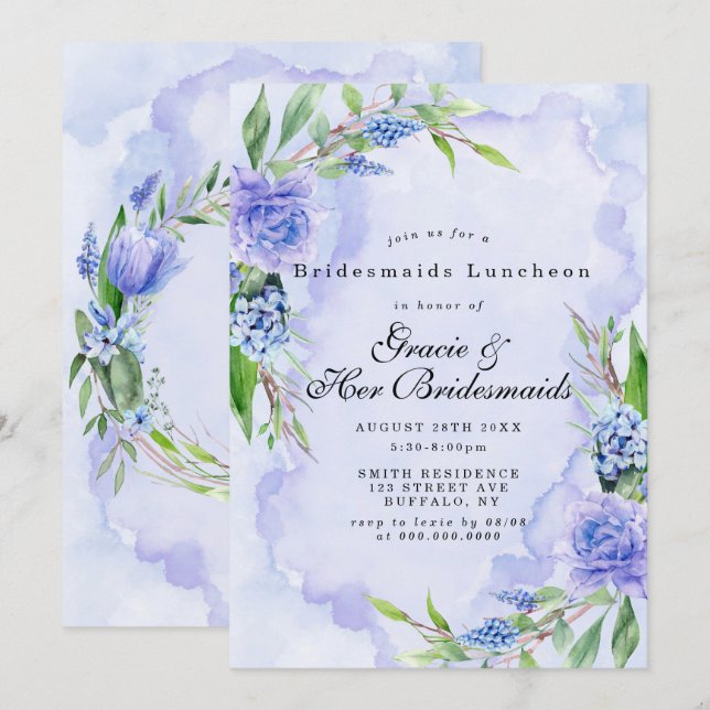 Lilac Blue Floral Bridesmaids Luncheon Invites (Front/Back)