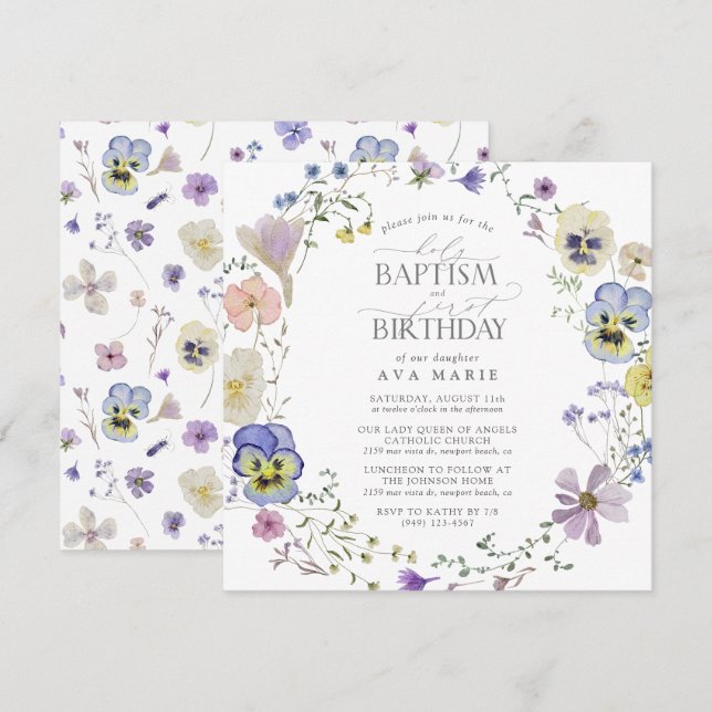 Lilac Blue Floral Watercolor Baptism 1st Birthday Invitation (Front/Back)