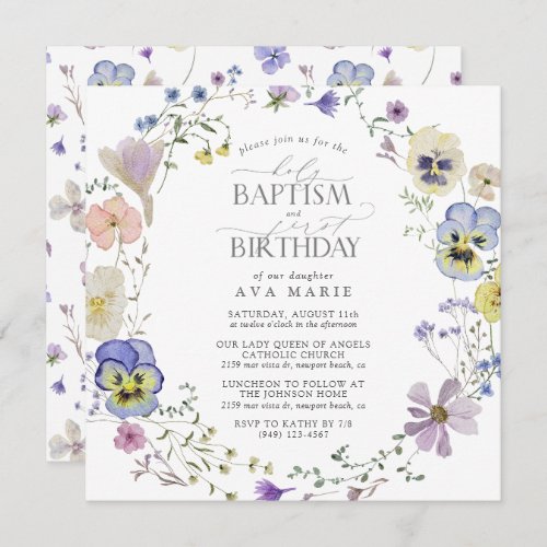 Lilac Blue Floral Watercolor Baptism 1st Birthday Invitation