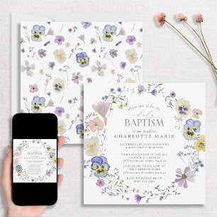 Lilac & Blue Floral Watercolor Baptism Invitation