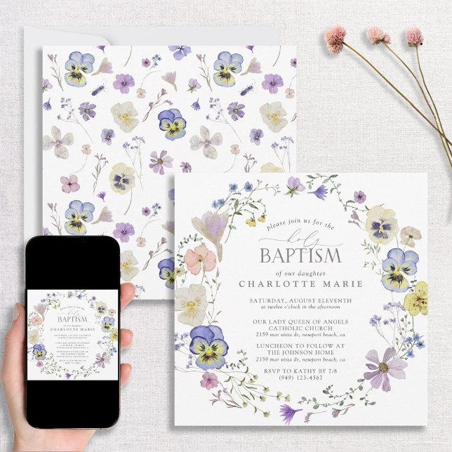 Lilac & Blue Floral Watercolor Baptism Invitation (Creator Uploaded)