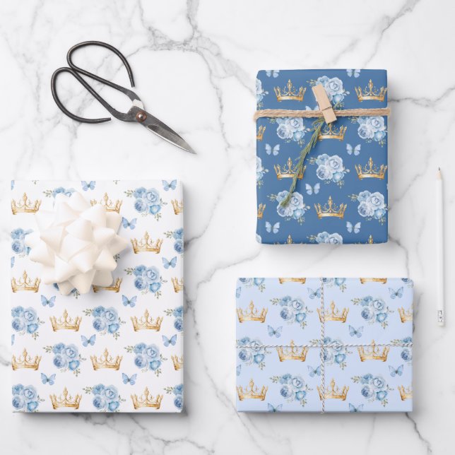 Lilac Blue Flowers and Gold Crowns Wrapping Paper Sheets (Front)