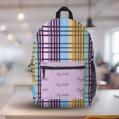 Lilac Blue Gold Green Plaid Pattern Custom Name Printed Backpack
