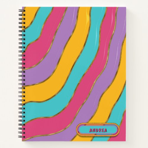 Lilac Blue Yellow Pink Groovy Gold Stripes Custom Notebook