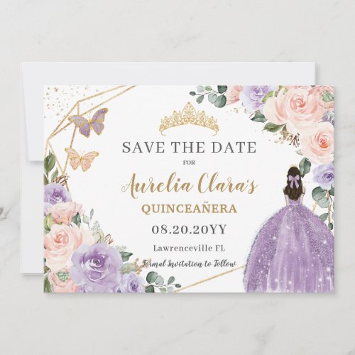 Lilac Blush Floral Gold Quinceanera Sweet Sixteen Save The Date