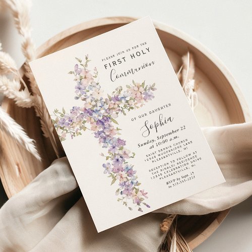 Lilac Blush Watercolor Floral Cross 1st Communion Invitation