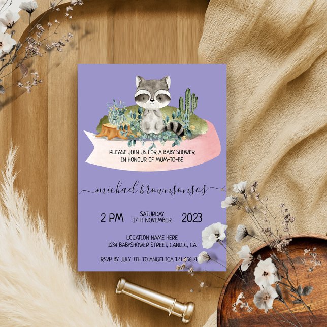 Lilac Boho Animal Raccoon Tropical Baby Shower Invitation (Creator Uploaded)