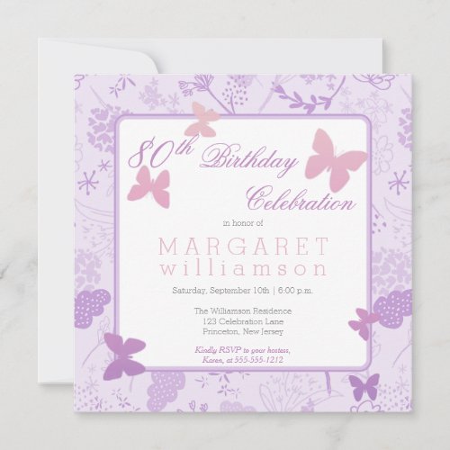 Lilac Boho Butterfly Floral 80th Birthday Party Invitation