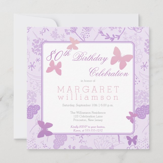 Lilac Boho Butterfly Floral 80th Birthday Party Invitation (Front)