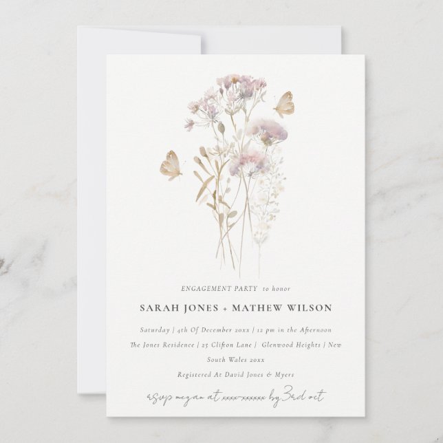 Lilac Boho Wildflower Fern Botanical Engagement Invitation (Front)
