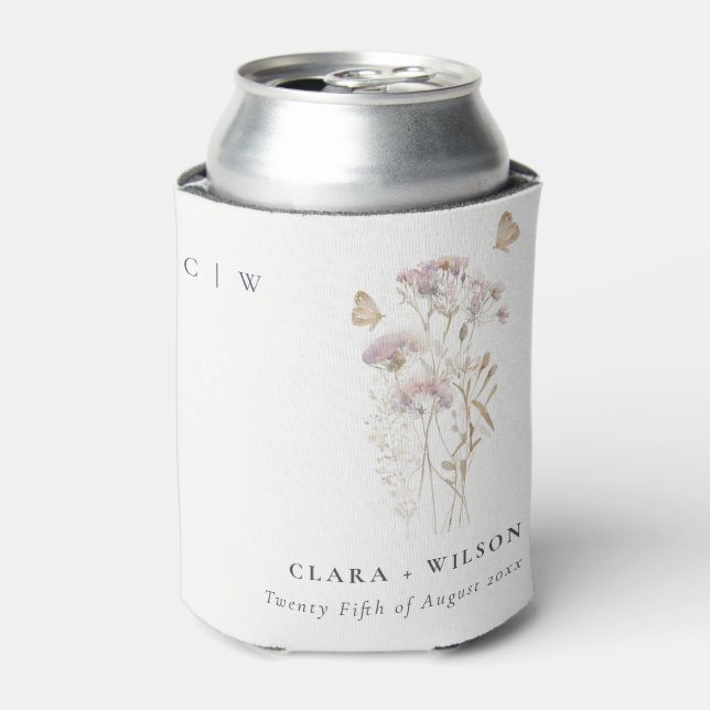 Lilac Boho Wildflower Fern Botanical Wedding Can Cooler (Can Front)