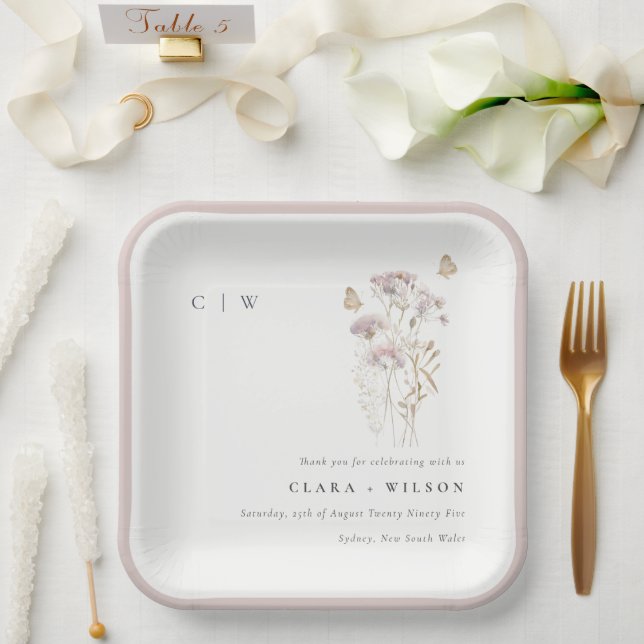 Lilac Boho Wildflower Fern Botanical Wedding Paper Plates (Wedding)