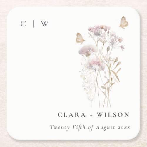 Lilac Boho Wildflower Fern Botanical Wedding Square Paper Coaster