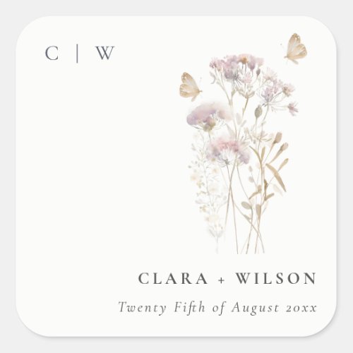 Lilac Boho Wildflower Fern Botanical Wedding Square Sticker