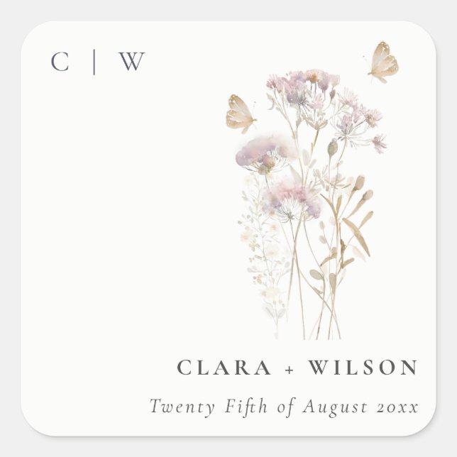 Lilac Boho Wildflower Fern Botanical Wedding Square Sticker (Front)